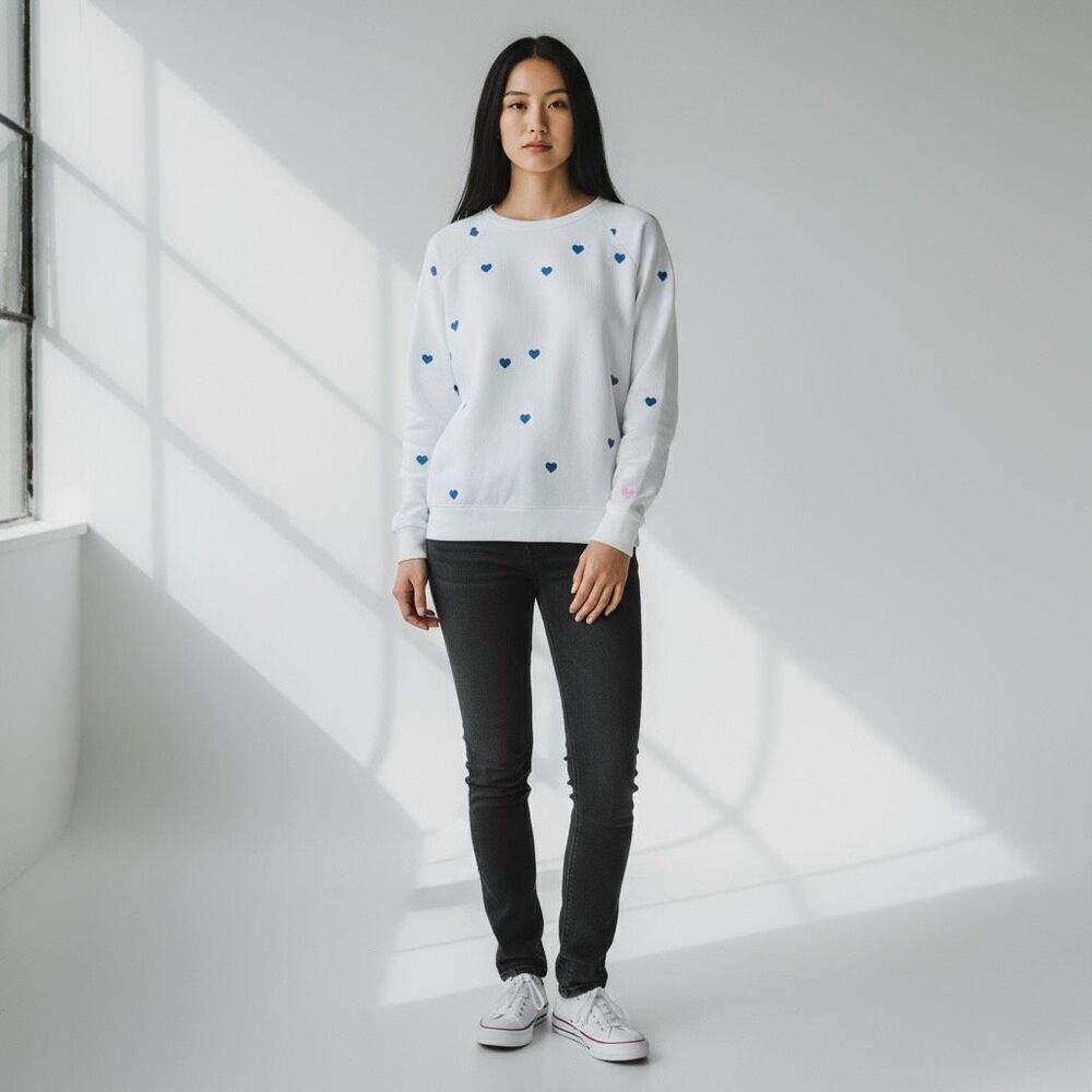 Chaser Blue & Pink Heart Knit Print Scoop-Neck Pullover Top; Soft Brushed Jersey